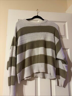 Striped Crewneck Sweater - Olive Green & Cream